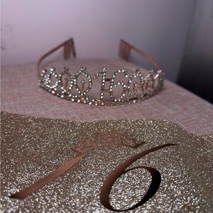 Elegant Rose Gold Tiara with Rhinestones and matching Sweet 16 Sash